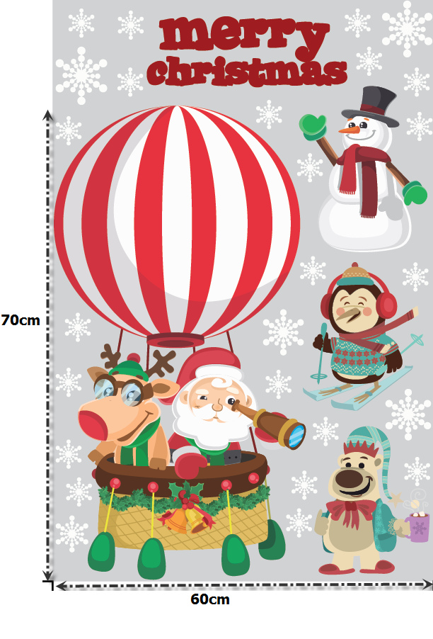 Decal dán tường Ông già Noel và khinh khí cầu (nền trắng đục)